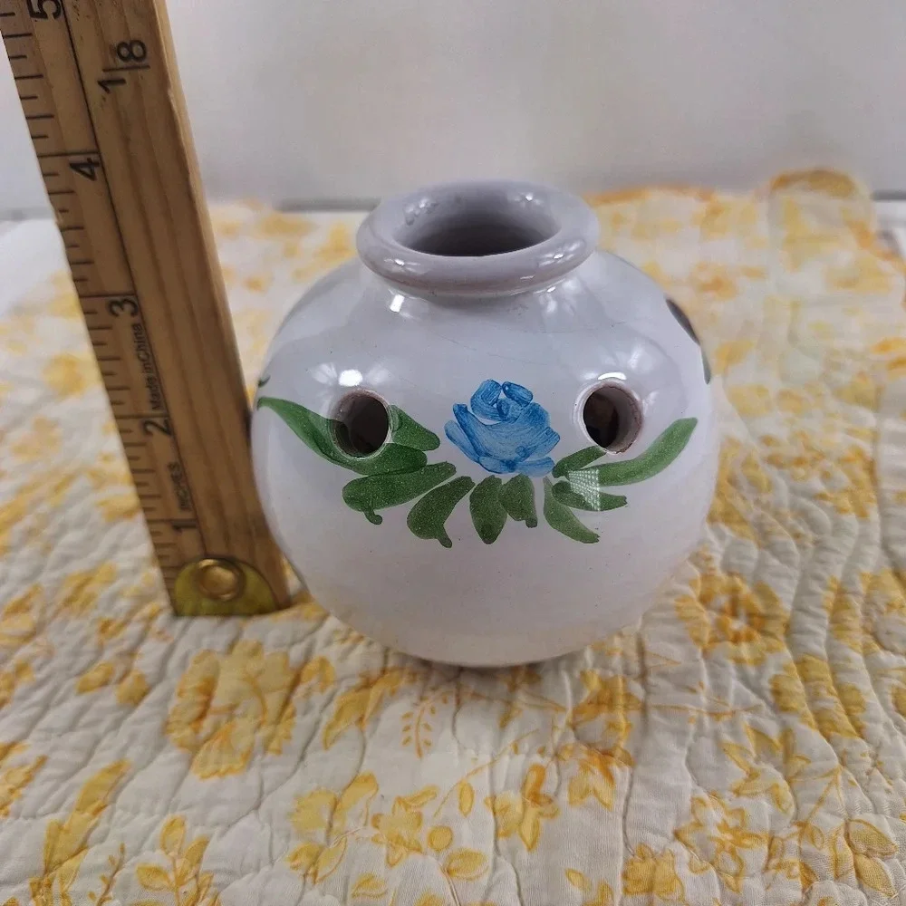 Pique-Fleurs Made In France Hand Painted Vase 6 Holes Blue Flower/Green Leaves